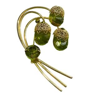 1970s Vintage Sarah Coventry Large Acorn Green‎ Crystal Gold Tone Brooch 3.25 in